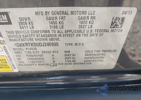2013 GMC Acadia Denali from USA, damaged, VIN 1GKKRTKD9DJ246095